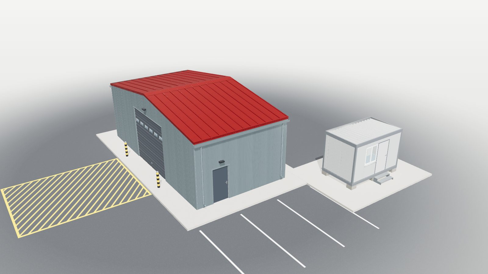 Obra de ejemplo en 3D con paneles Masterpanel: nave con cubierta MASTER-C roja y fachadas MASTER-F, y caseta MASTER-MODUL junto al aparcamiento